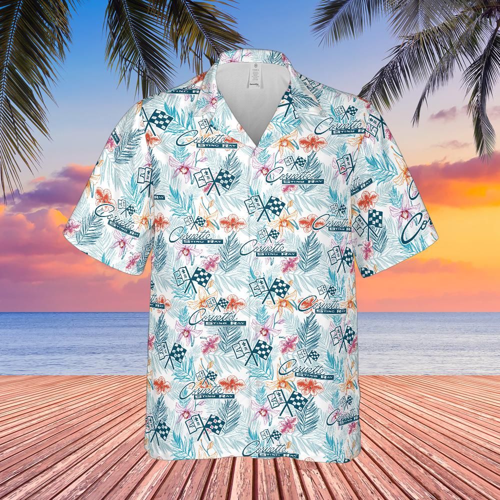 C2 Chevy Corvette Men’s Hawaiian Shirt, Tonal Logo Tropical Floral Pattern, Short Sleeve Button Down, Corvette Gift Apparel