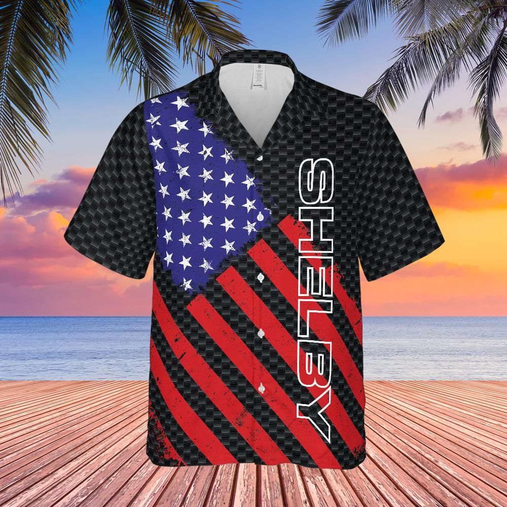 Carroll Shelby American Flag Hawaiian Shirt,  Carbon Background with Shelby in Bold Print