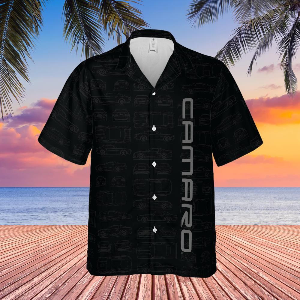 Chevy Camaro Men's Hawaiian Shirt, Blueprint Logo Pattern, Black, Short Sleeve, Button Down, Car Enthusiast Gift