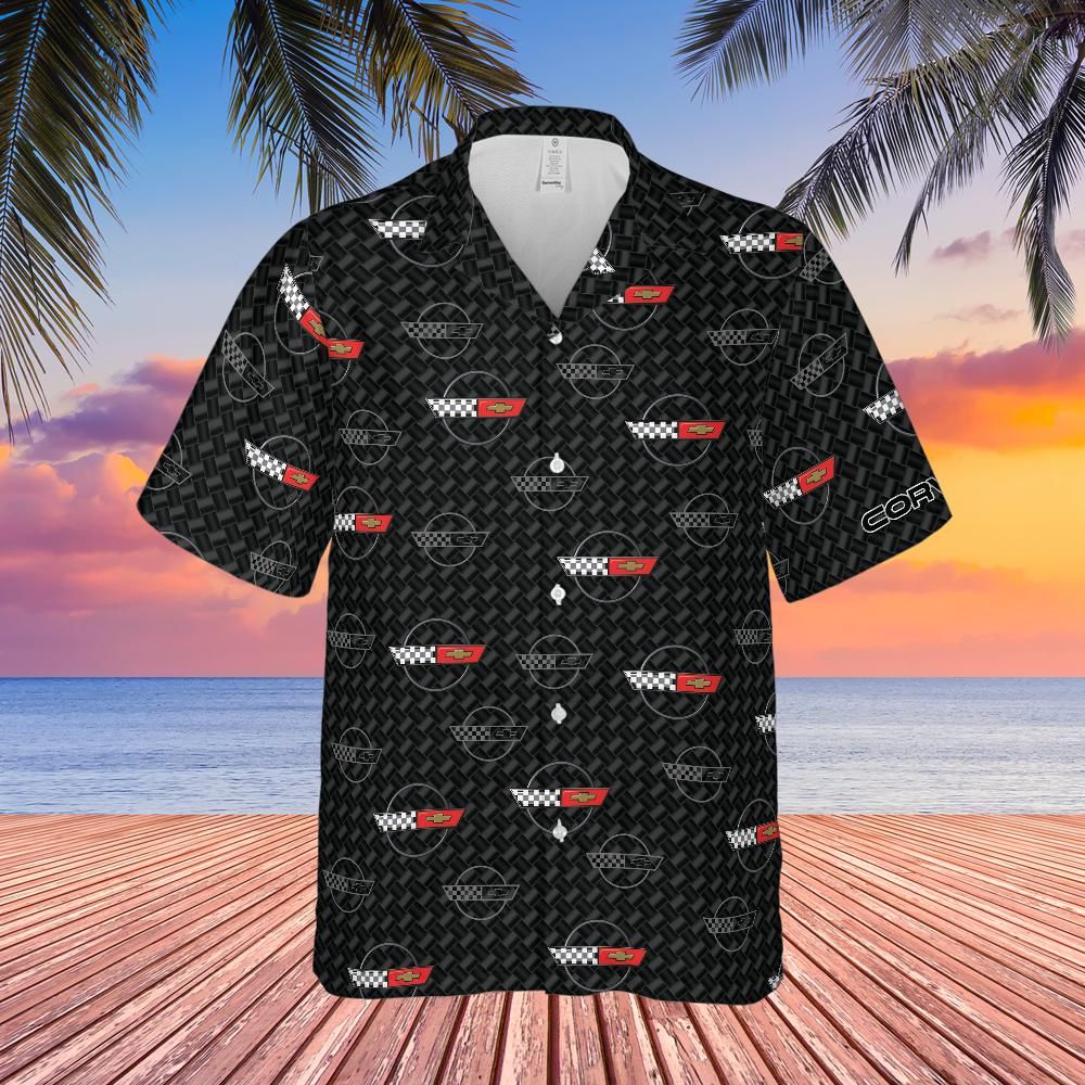 C4 Chevy Corvette Men’s Hawaiian Shirt, Carbon Flag Logo Pattern, Short Sleeve Button Down, Corvette Apparel Gift