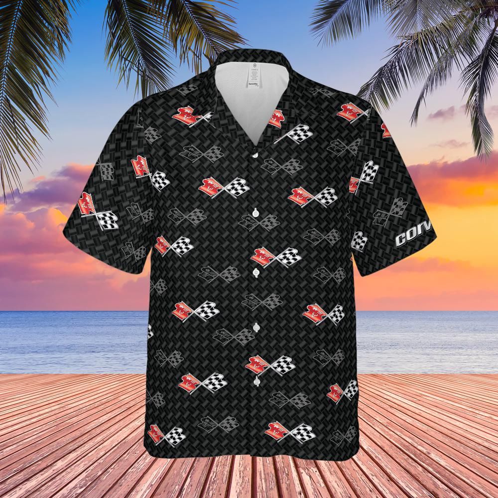 C3 Chevy Corvette Men’s Hawaiian Shirt, Carbon Flag Logo Pattern, Short Sleeve Button Down, Corvette Apparel Gift