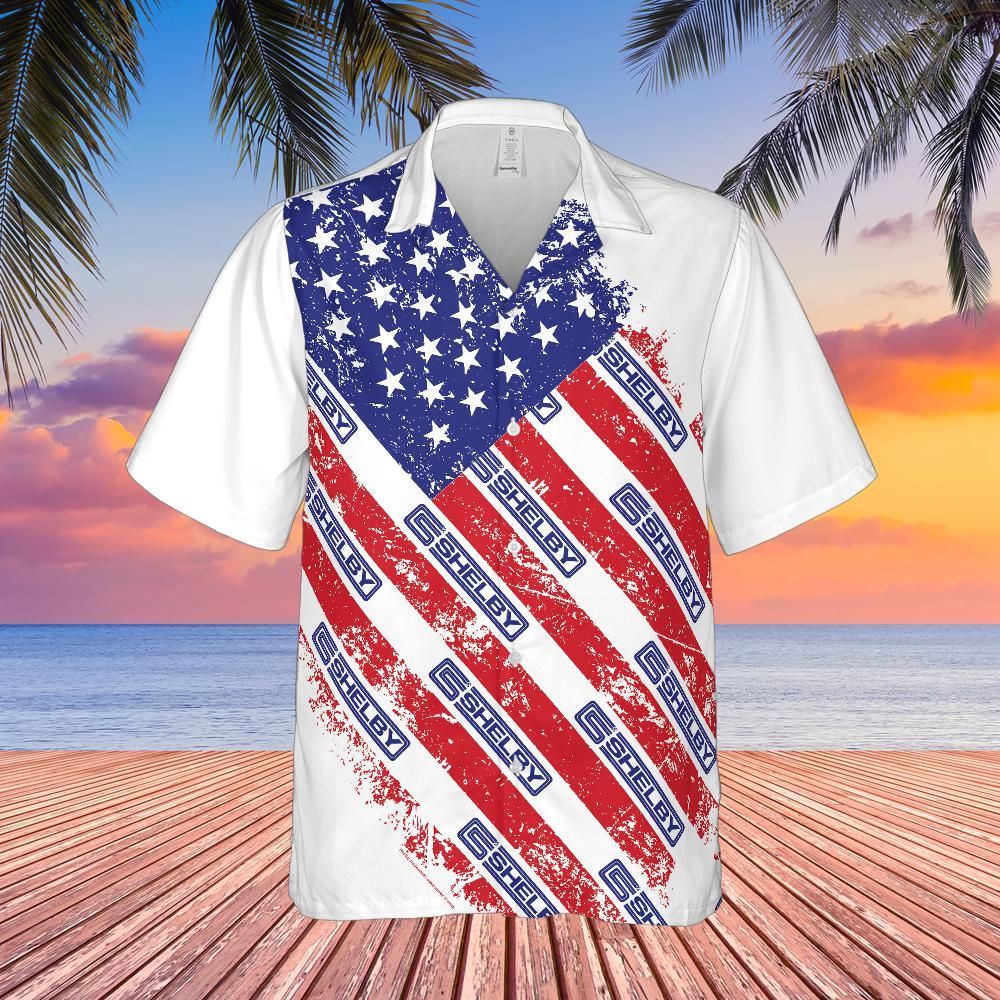 Carroll Shelby American Flag Hawaiian Shirt, Red White and Blue, Shelby Wordmark Bold Blue Alternate Stripes