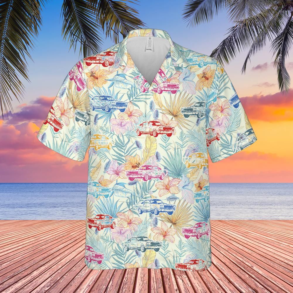 Carroll Shelby GT350 Hawaiian Shirt, Tropical Sunset Colors Floral Background with 1968 Five Most Popular Colors