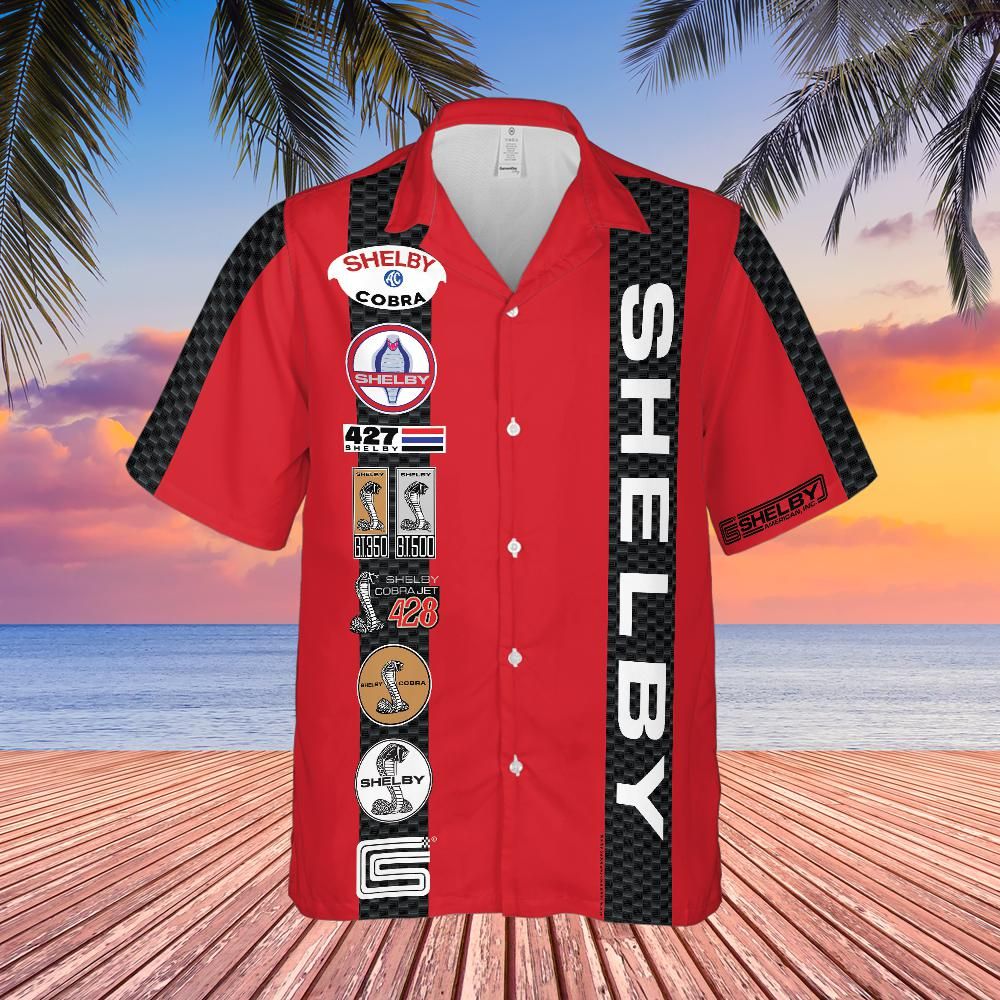 Carroll Shelby Red Base Hawaiian Shirt, Celebrating Muscle Car Heritage with Historical Shelby Badge Designs Bordered by Carbon Stripes