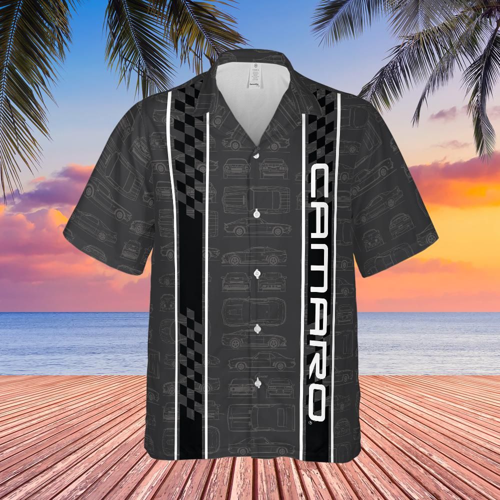 Chevy Camaro Men's Hawaiian Shirt, Racing Stripes Design, Charcoal, Button Down, Short Sleeve, Muscle Car Gift