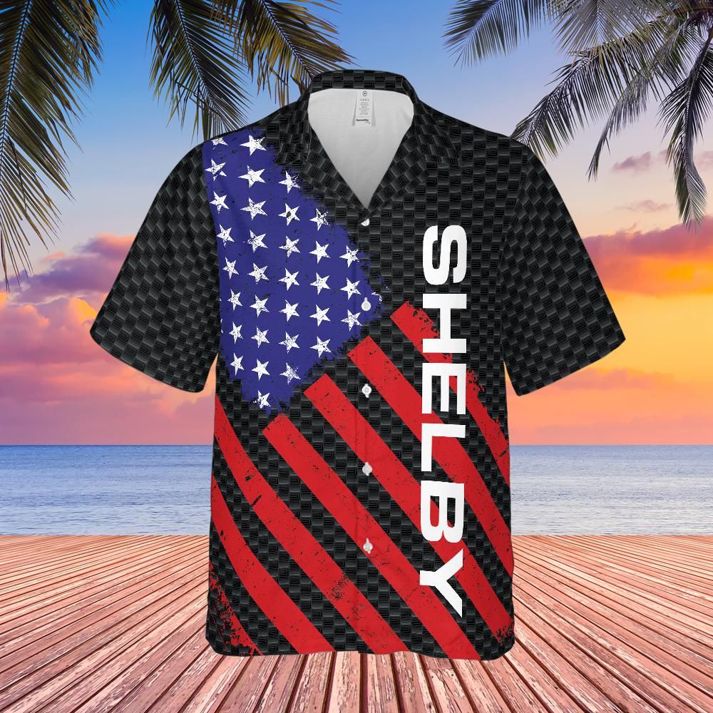 Carroll Shelby American Flag Hawaiian Shirt,  Carbon Background with Shelby in Solid Bold Print
