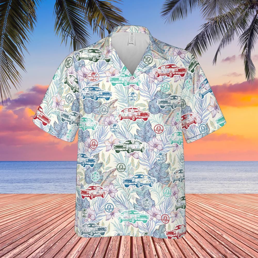 Carroll Shelby GT350 Hawaiian Shirt, Tropical Floral Background, Shelby Snake and Cobra Logos