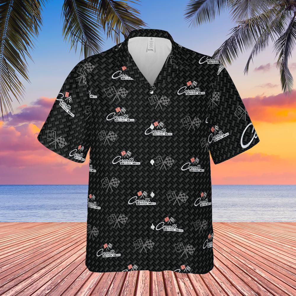 C2 Chevy Corvette Men’s Hawaiian Shirt, Carbon Flag Logo Pattern, Short Sleeve Button Down, Corvette Apparel Gift