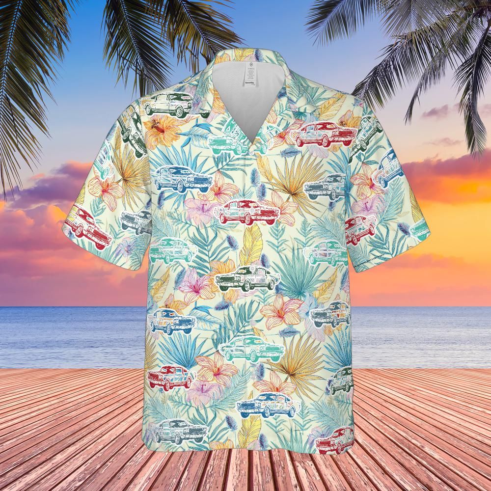 Carroll Shelby GT350 Hawaiian Shirt, Tropical Sunset Colors Floral Background, Matching Car Colors