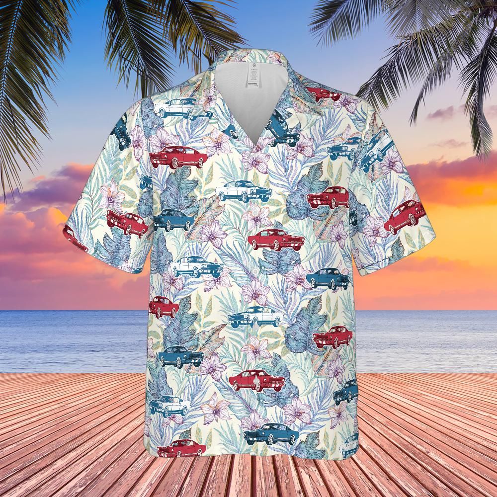 Carroll Shelby GT350 Hawaiian Shirt with Tropical Floral Background – Wimbledon White, Acapulco Blue & Candyapple Red Tribute