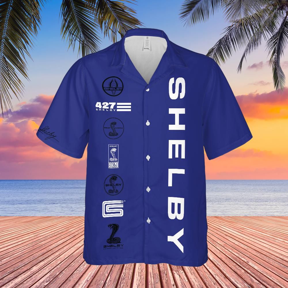Carroll Shelby Blue Hawaiian Shirt, Celebrating Muscle Car Heritage with Historical Shelby Badge Designs in Black and White