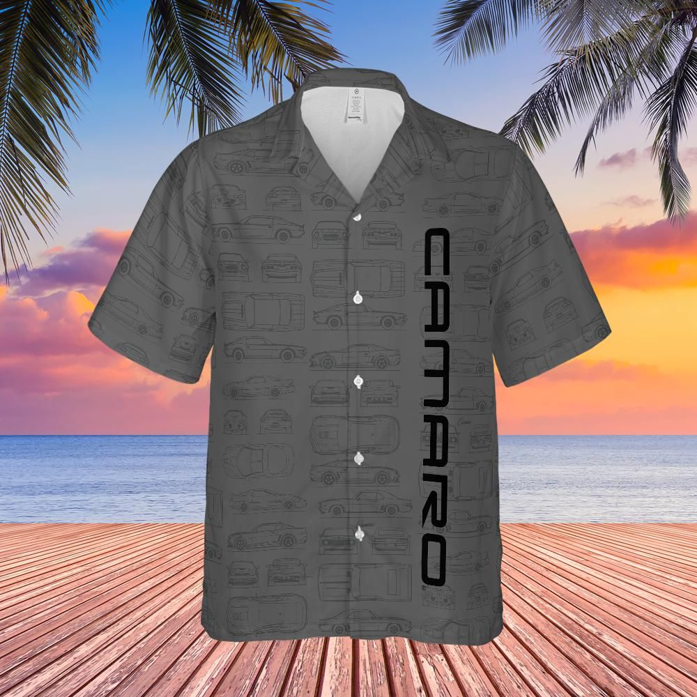 Chevy Camaro Men's Hawaiian Shirt, Blueprint Logo Pattern, Charcoal, Short Sleeve, Button Down, Car Enthusiast Gift