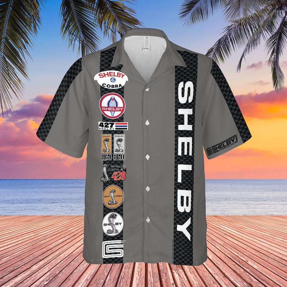 Carroll Shelby Grey Base Hawaiian Shirt, Celebrating Muscle Car Heritage with Historical Shelby Badge Designs Bordered by Carbon Stripes