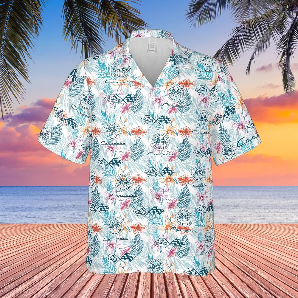 C1 Chevy Corvette Men’s Hawaiian Shirt, Tonal Logo Tropical Floral Pattern, Short Sleeve Button Down, Corvette Gift Apparel