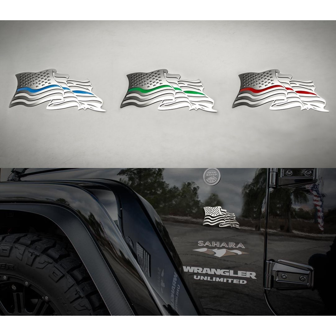 Flowing American Flag Emblem 1Pc | Stainless Steel, Choose Finish/Color Line Style