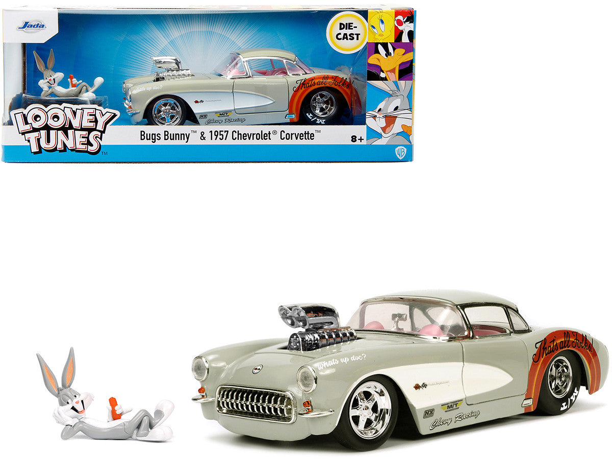 1957-chevrolet-corvette-beige-with-pink-interior-with-bugs-bunny-figure-looney-tunes-hollywood-rides-series-1-24-diecast-model-car-by-jada
