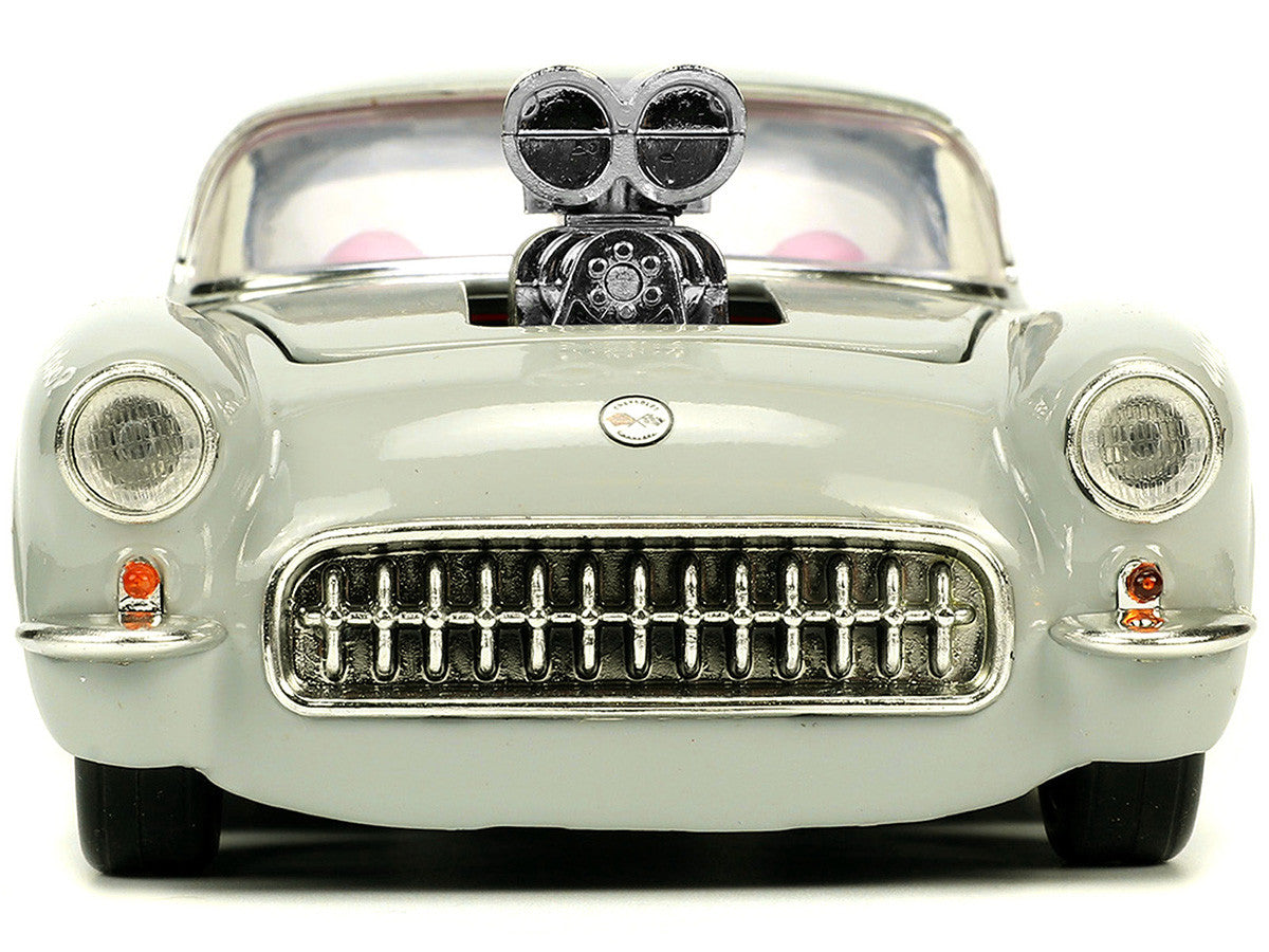 1957-chevrolet-corvette-beige-with-pink-interior-with-bugs-bunny-figure-looney-tunes-hollywood-rides-series-1-24-diecast-model-car-by-jada