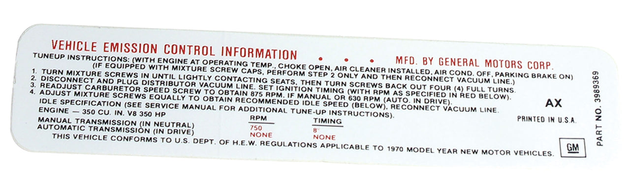 1970-1970 Corvette Label. Emission 350 Horsepower - CA-0251-Corvette-Store-Online