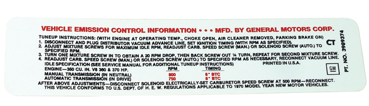 1970-1970 Corvette Label. Emission 370 Horsepower LT1 - CA-0254-Corvette-Store-Online