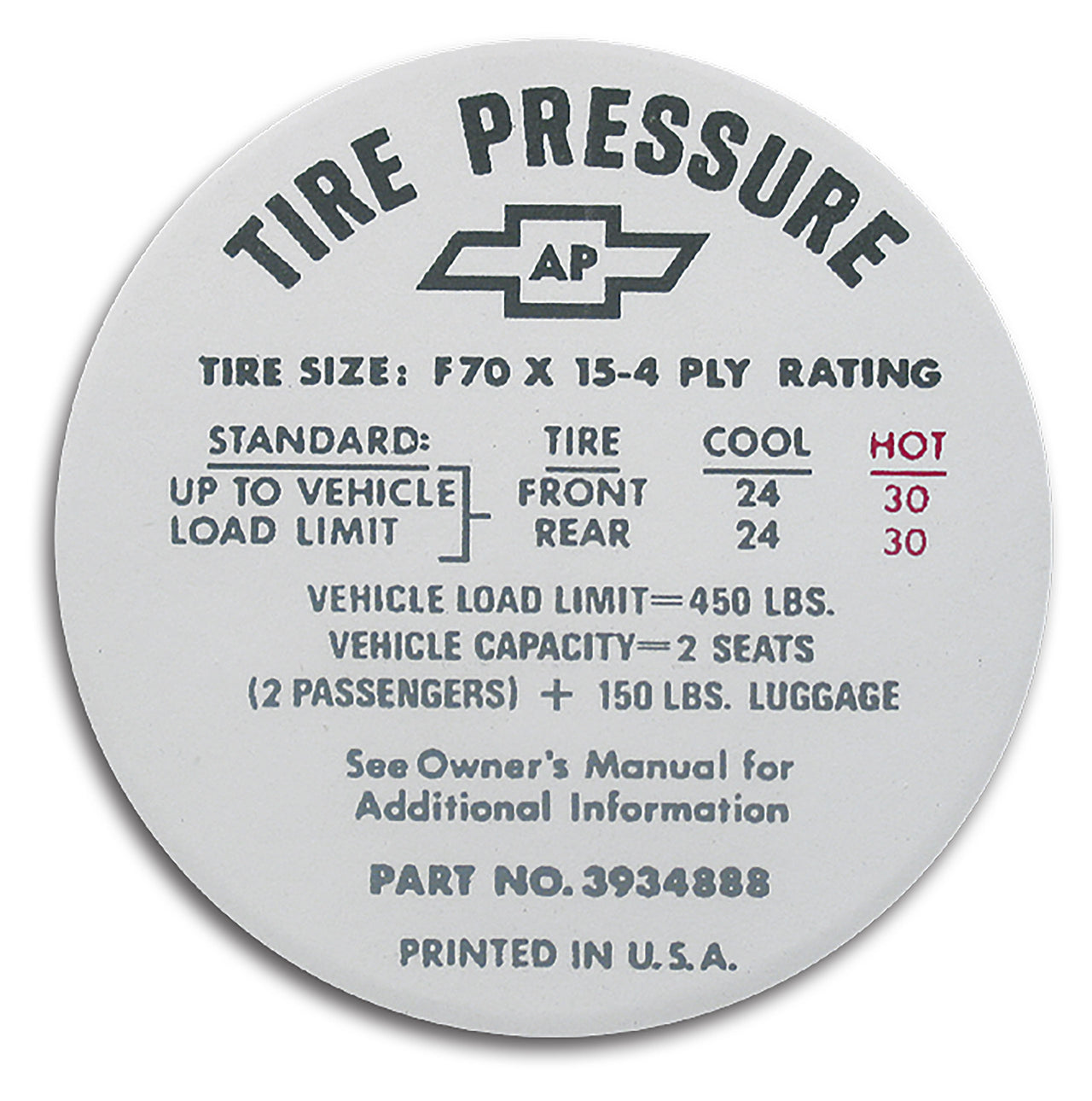 1968-1972 Corvette Decal. Tire Pressure-Glovebox - CA-0348-Corvette-Store-Online