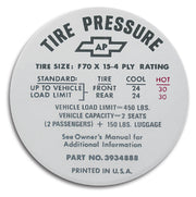 1968-1972 Corvette Decal. Tire Pressure-Glovebox - CA-0348-Corvette-Store-Online