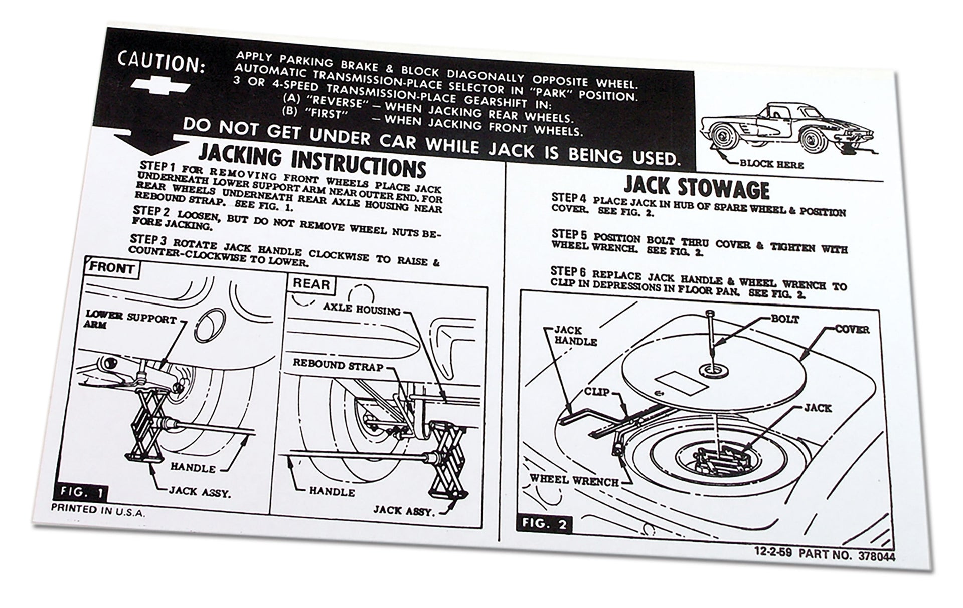 1961-1962 Corvette Decal. Jacking Instruction - CA-0356-Corvette-Store-Online