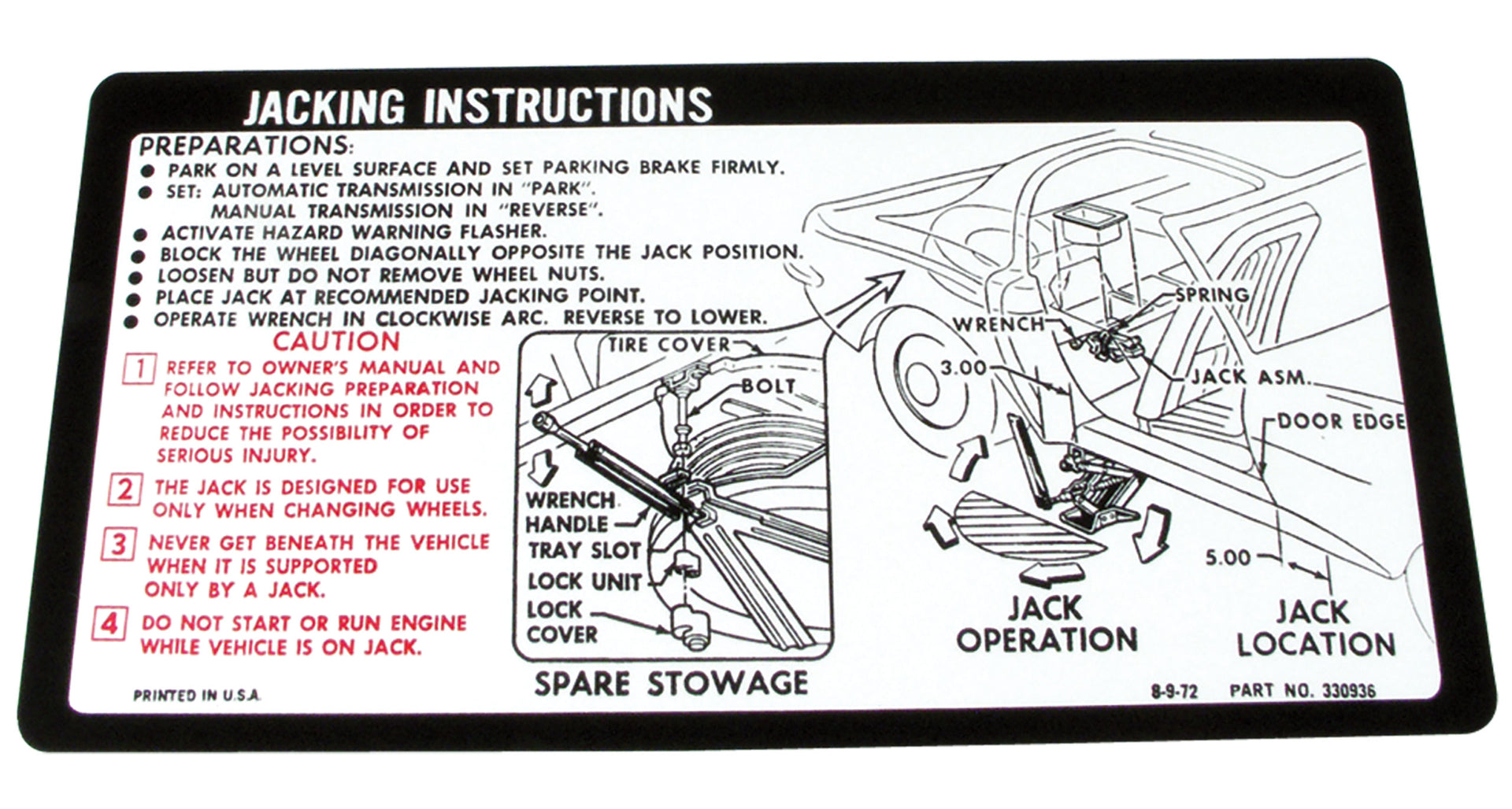 1974-1974 Corvette Decal. Jacking Instruction - CA-0361-Corvette-Store-Online