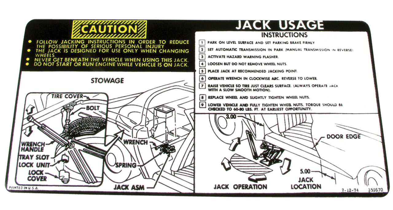 1975-1978 Corvette Decal. Jacking Instruction - CA-0362-Corvette-Store-Online