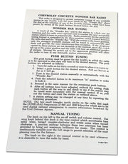1958-1963 Corvette Card. Wonderbar Radio Instructions - CA-0375-Corvette-Store-Online