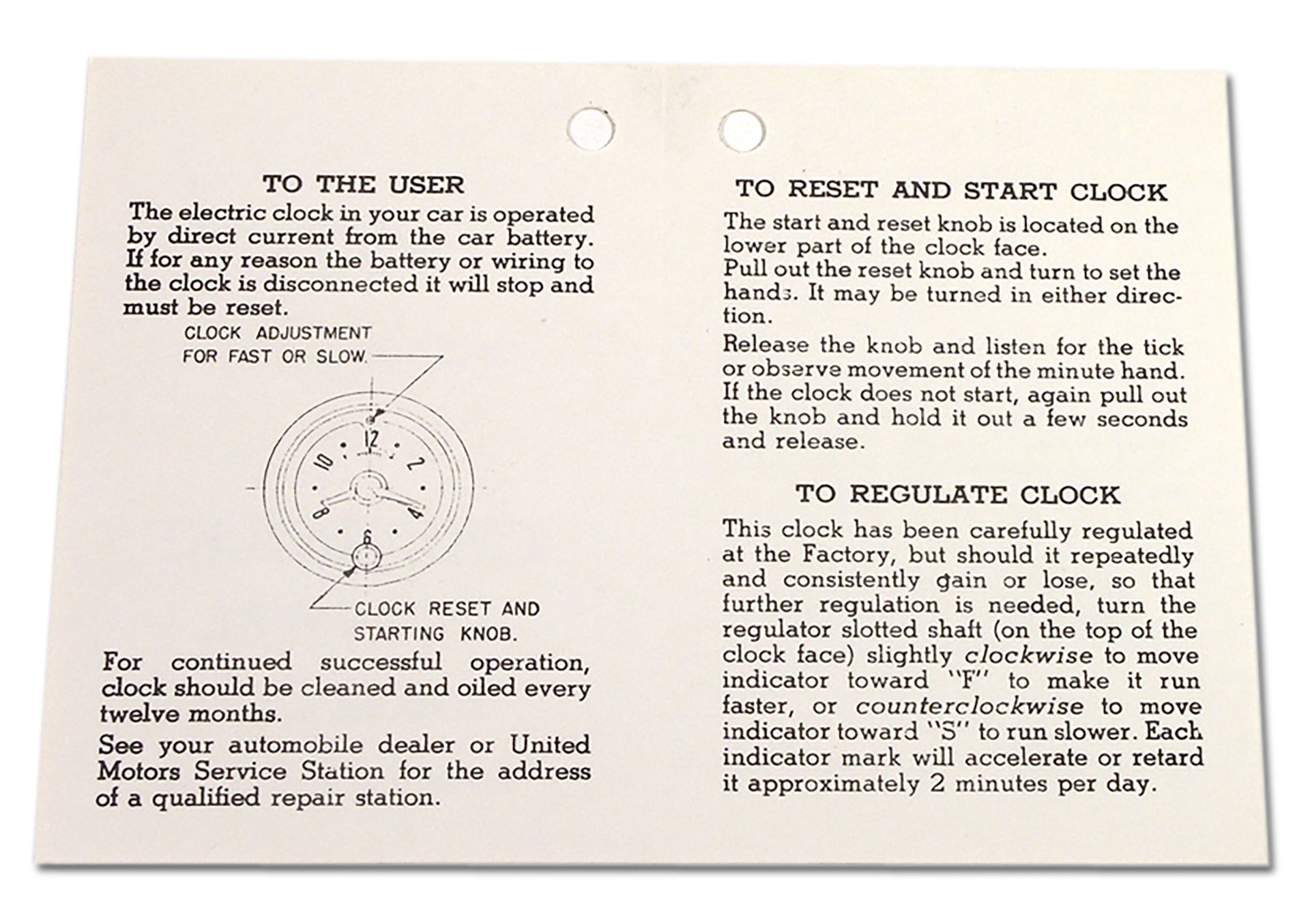 1953-1957 Corvette Card. Clock Instructions - CA-0510-Corvette-Store-Online