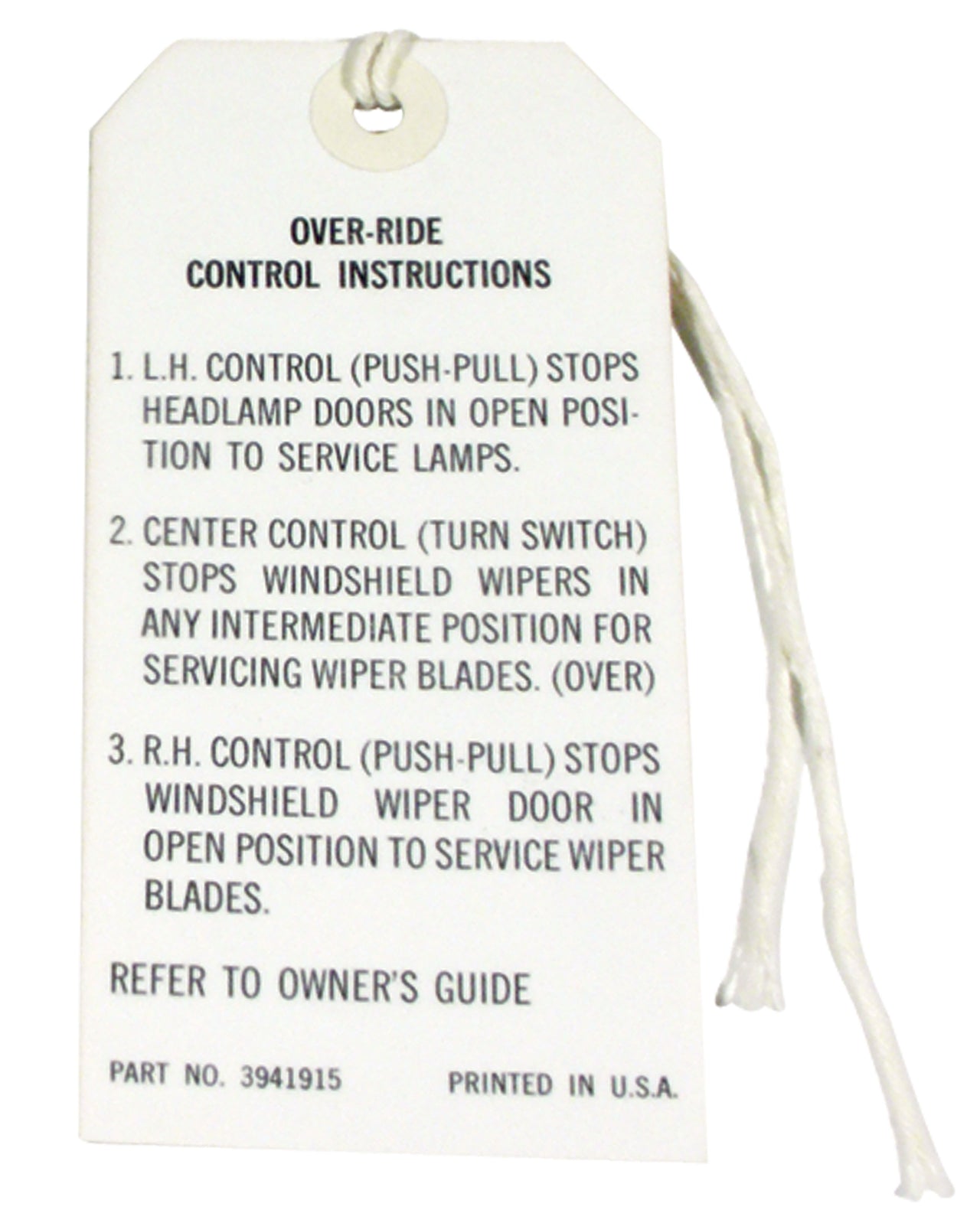 1968-1968 Corvette Card. Headlight Over-Ride Control - CA-0515-Corvette-Store-Online