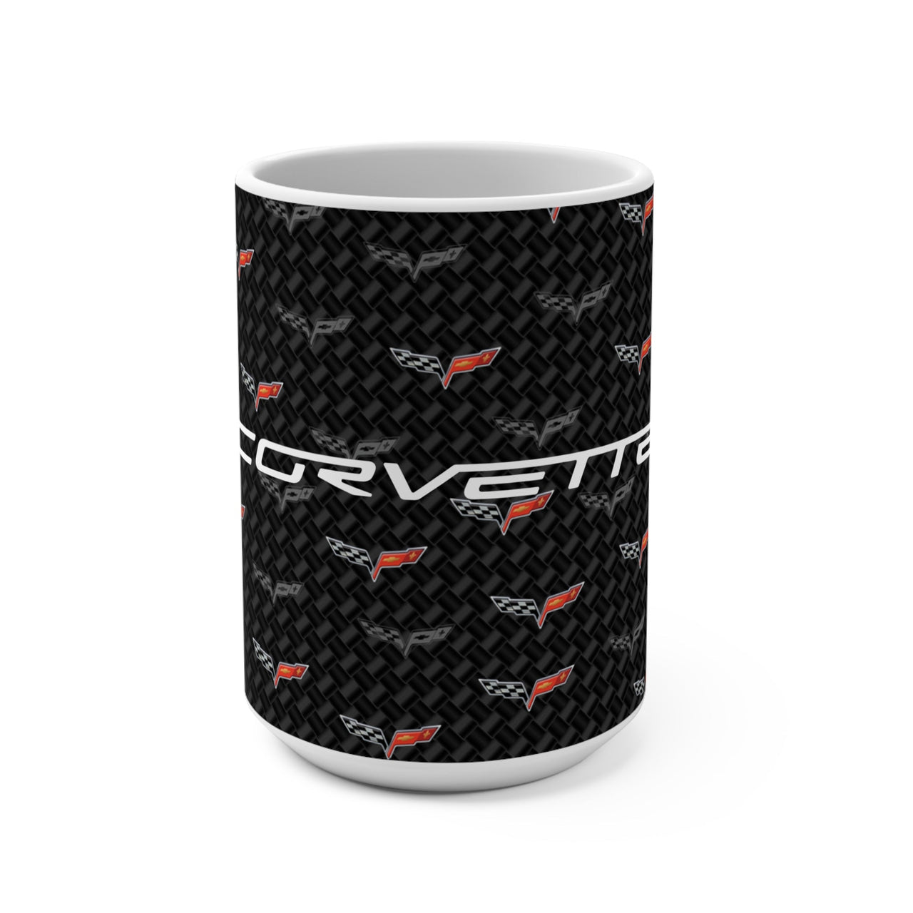 Corvette C6 15oz Ceramic Mug – Corvette Script & C6 Logos on Carbon Background, Perfect Corvette Fan Gift