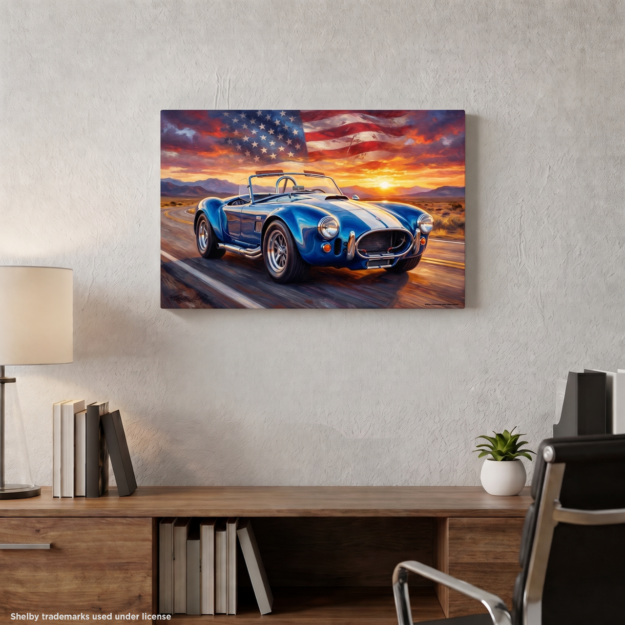Carroll Shelby Blue Cobra 427 Open-Top Roadster Desert Highway Sunset American Flag Canvas Wall Art