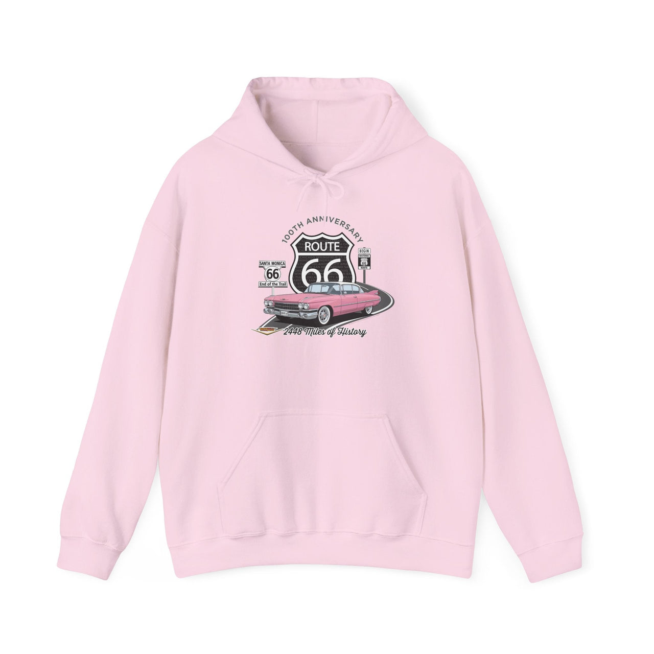 Pink Cadillac Route 66 Hoodie – 100th Anniversary Legends of the Road Hooded Sweatshirt for Road Trip Fans