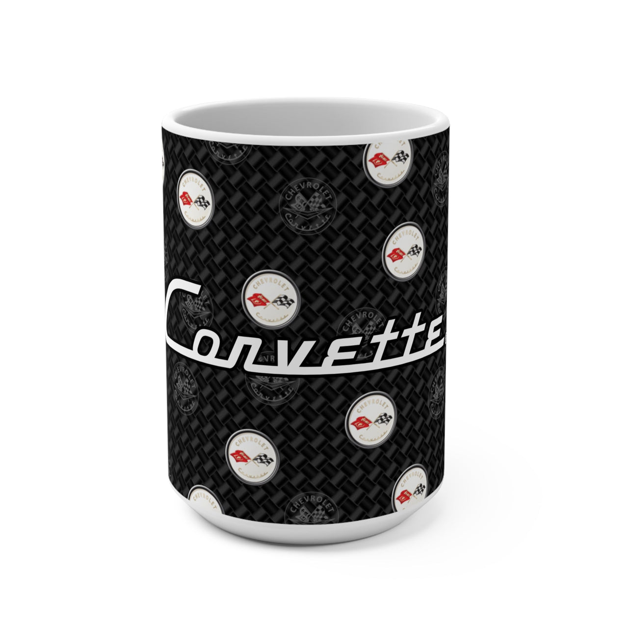 Corvette C1 15oz Ceramic Mug – Corvette Script & C1 Logos on Carbon Background, Perfect Corvette Fan Gift