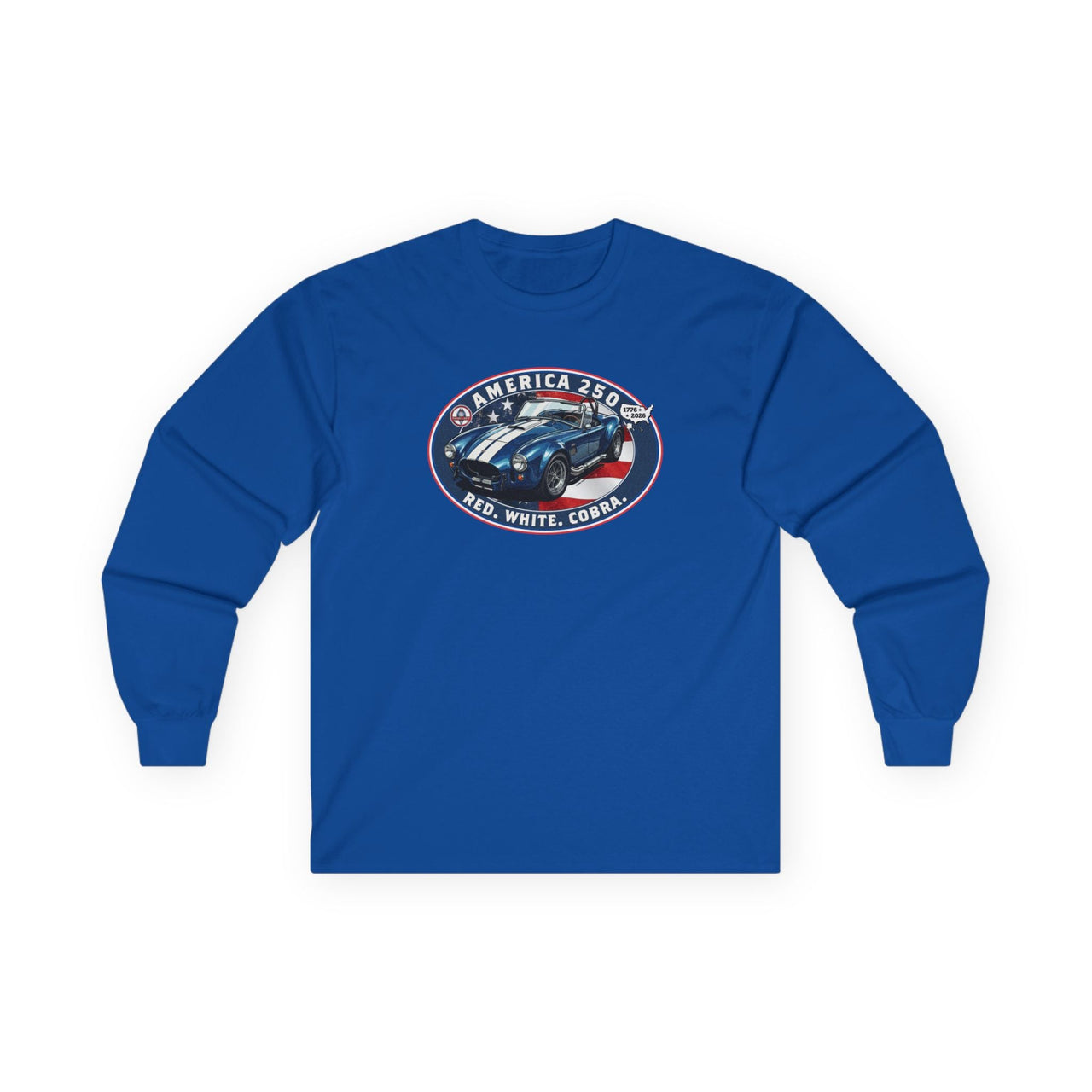 Shelby Cobra 427 "Red. White. Cobra." America 250 Oval Graphic Long-Sleeve T-Shirt