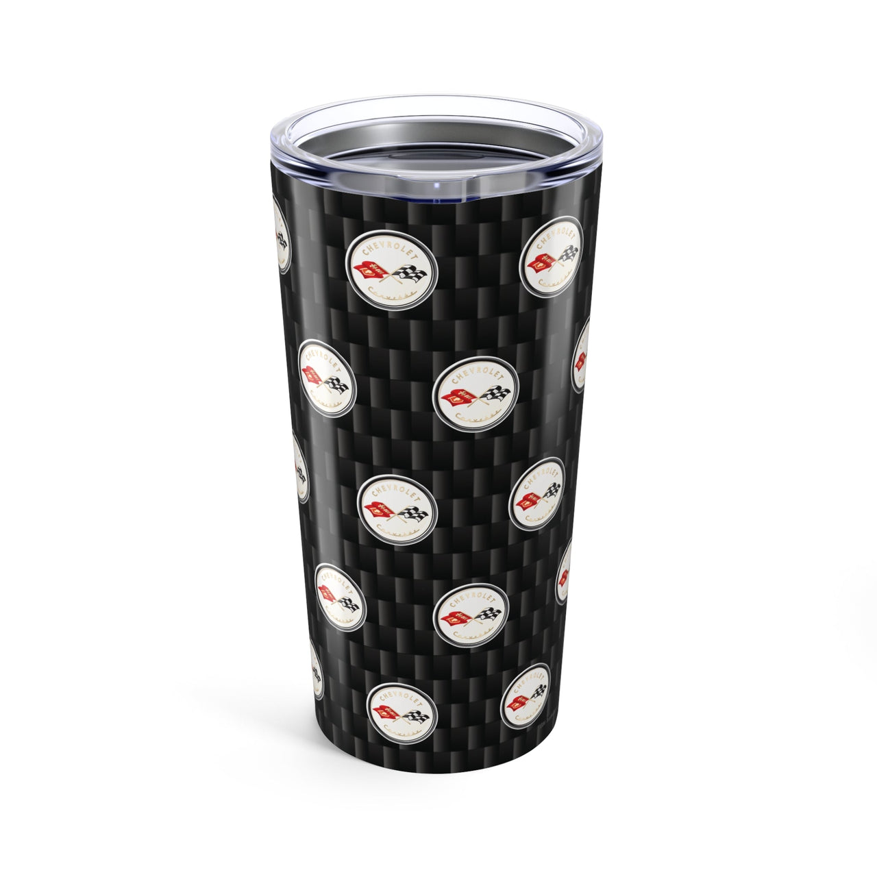 Corvette C1 Logo Repeat Pattern Carbon Tumbler 20oz | Retro Car Lover Travel Cup, Gift for Him, Car Enthusiast, Father's Day, Road Trip