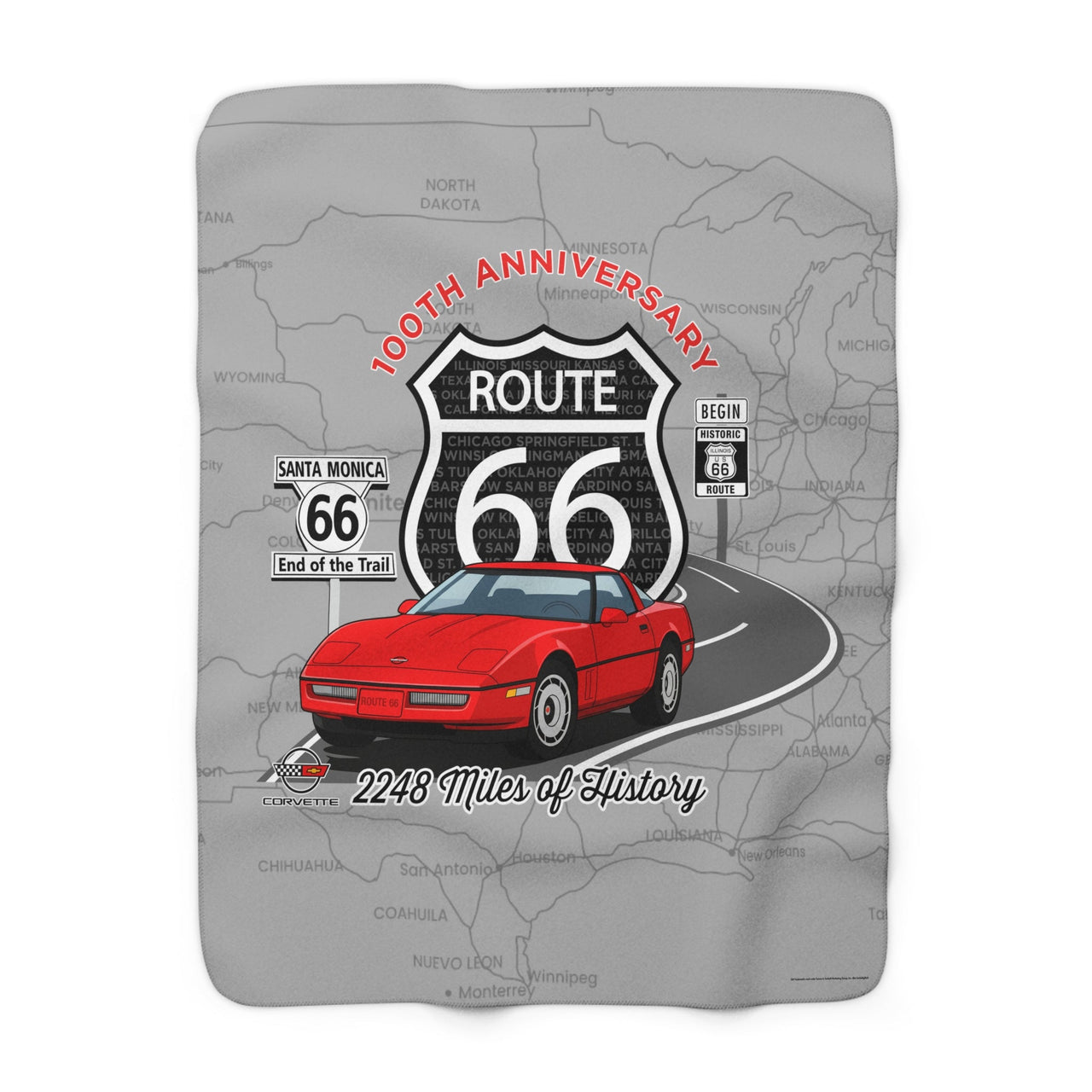 C4 Corvette Route 66 100th Anniversary Sherpa Blanket – Legends of the Road (50" x 60"), Perfect for the Corvette Fan