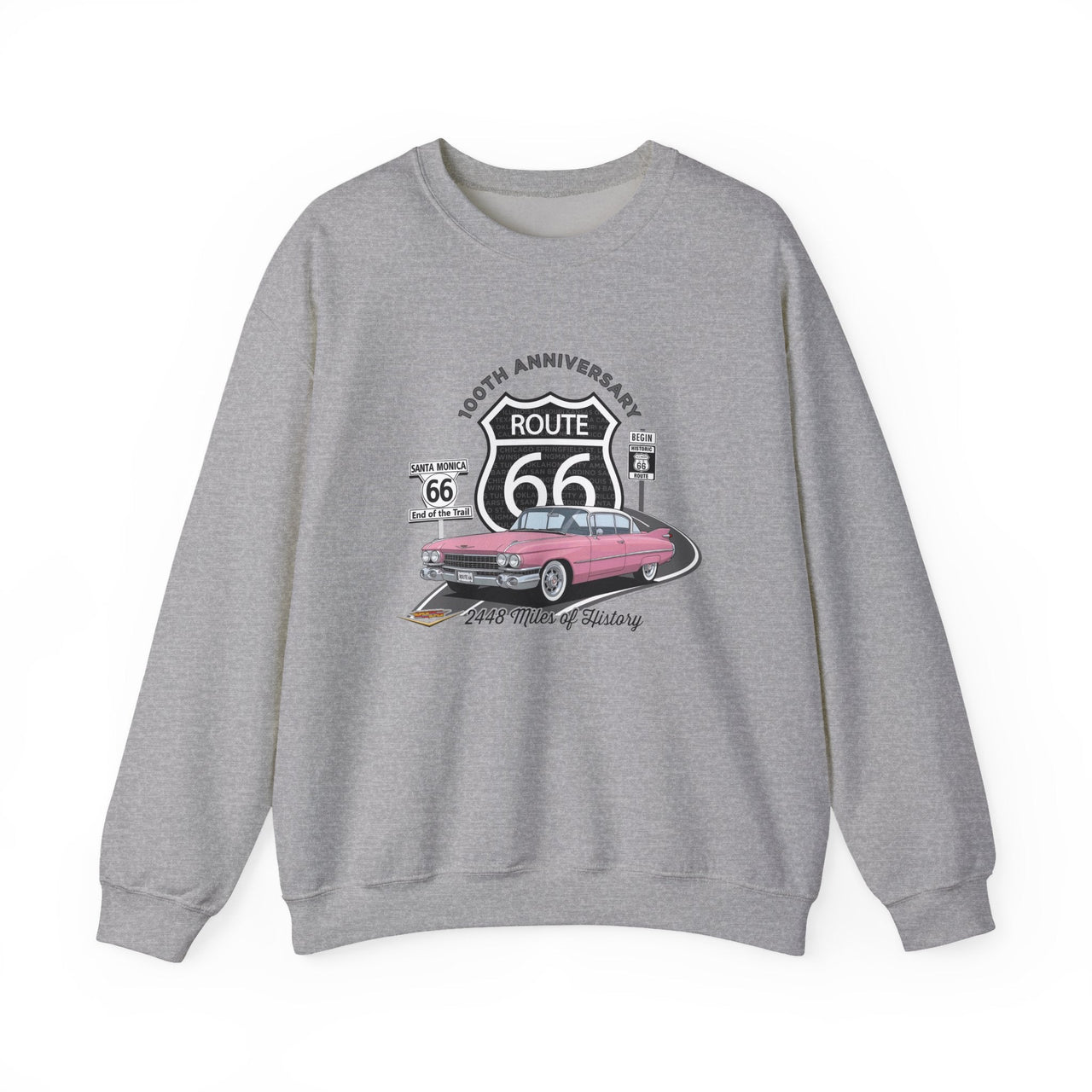 Pink Cadillac Route 66 100th Anniversary Sweatshirt – Cotton Blend Legends of the Road Classic Travel Pullover