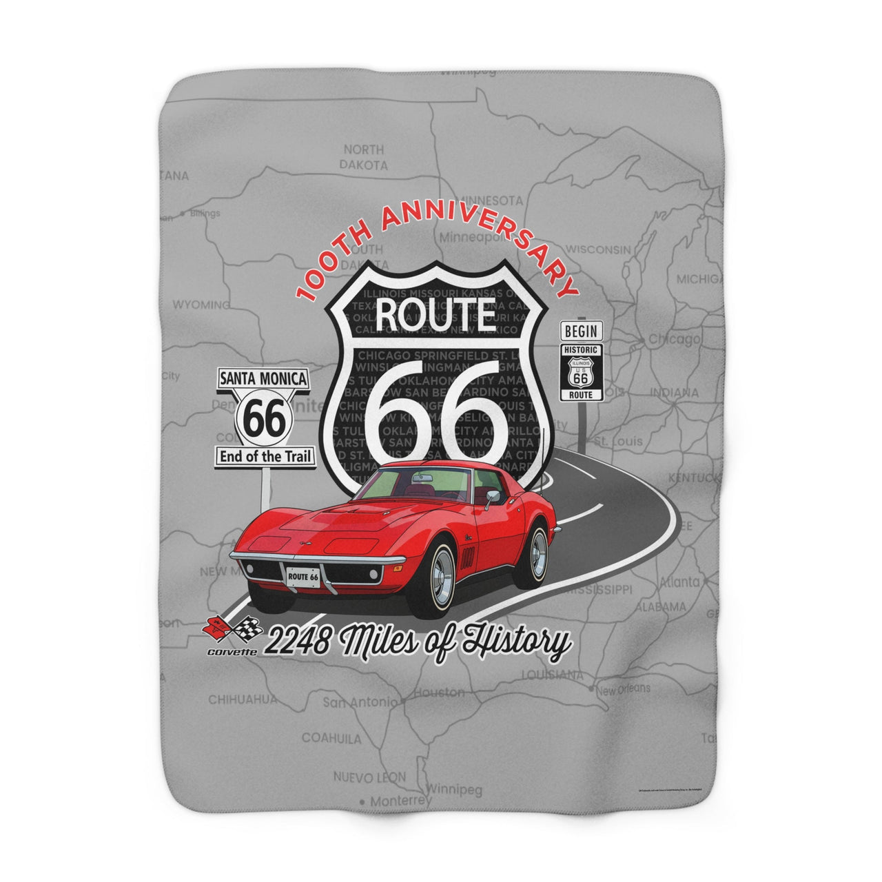 C3 Corvette Route 66 100th Anniversary Sherpa Blanket – Legends of the Road (50" x 60"), Perfect for the Corvette Fan