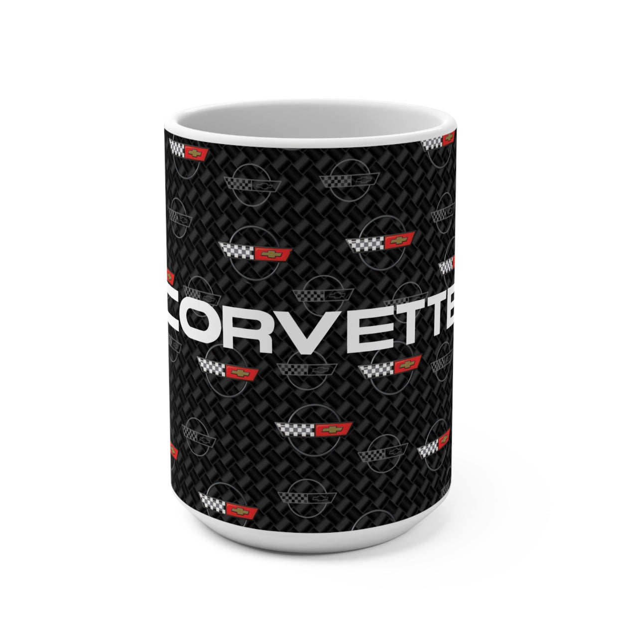 Corvette C4 15oz Ceramic Mug – Corvette Script & C4 Logos on Carbon Background, Perfect Corvette Fan Gift