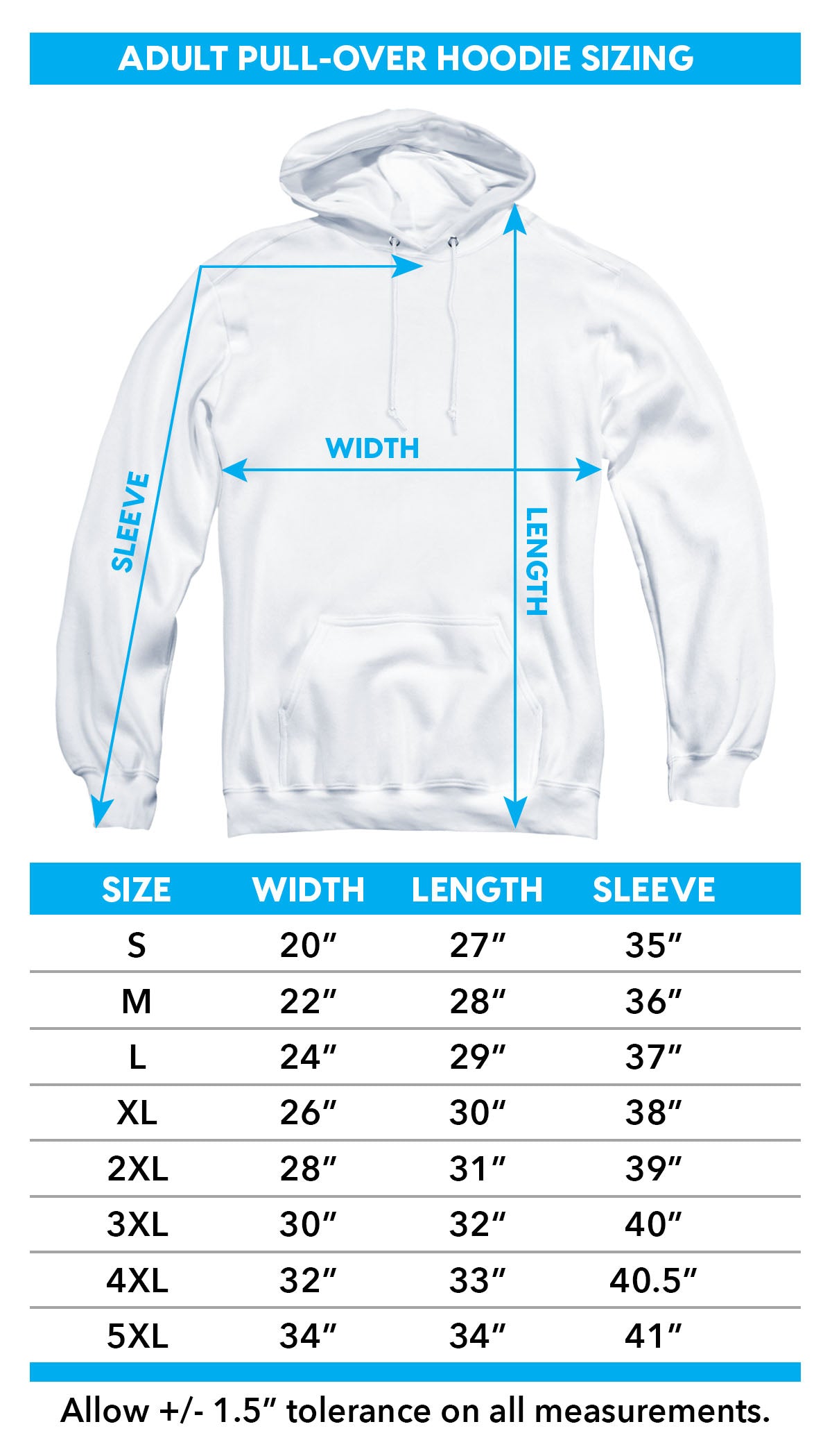 Adult pullover hoodie size chart