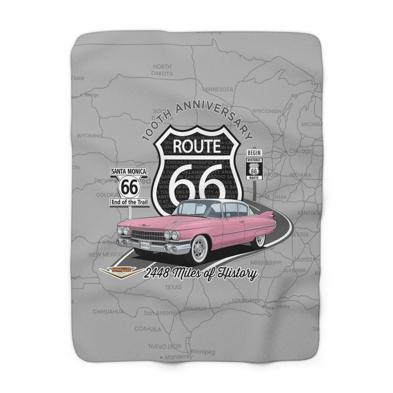 Pink Cadillac Route 66 100th Anniversary Sherpa Blanket – Soft Plush Throw for Road Trip Lovers, Cozy Design (50" x 60")