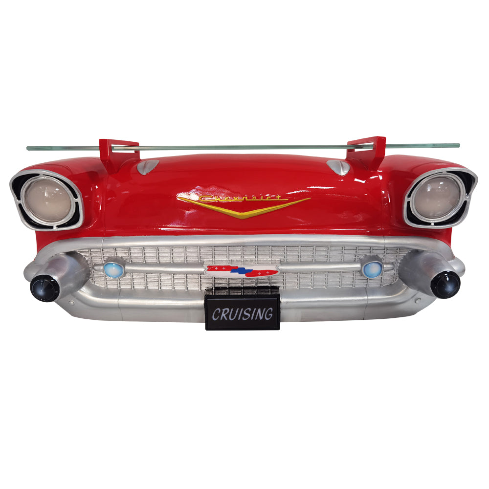 1957 Chevy Bel Air Wall Shelf, Floating Shelf, Red, 20x6.1x8 inches, Tempered Glass, LED Headlights, Battery Operated