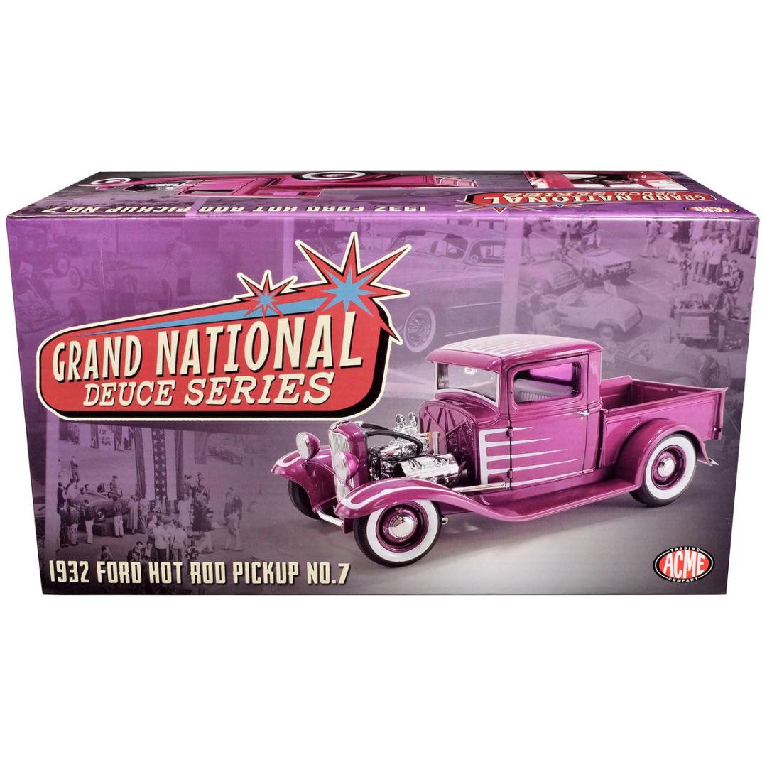 1932 Ford Hot Rod Pickup Truck "Grand National Deuce Series #7" Cotton Candy Pink Metallic with White Graphics Limited Edition 1/18 Diecast Model Car