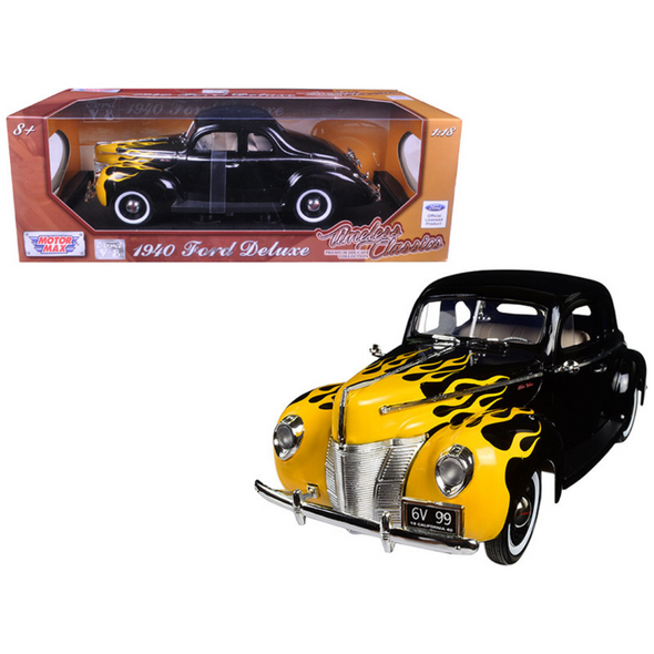 1940 Ford Deluxe Black with Yellow Flames 1/18 Diecast Model Car by Motormax
