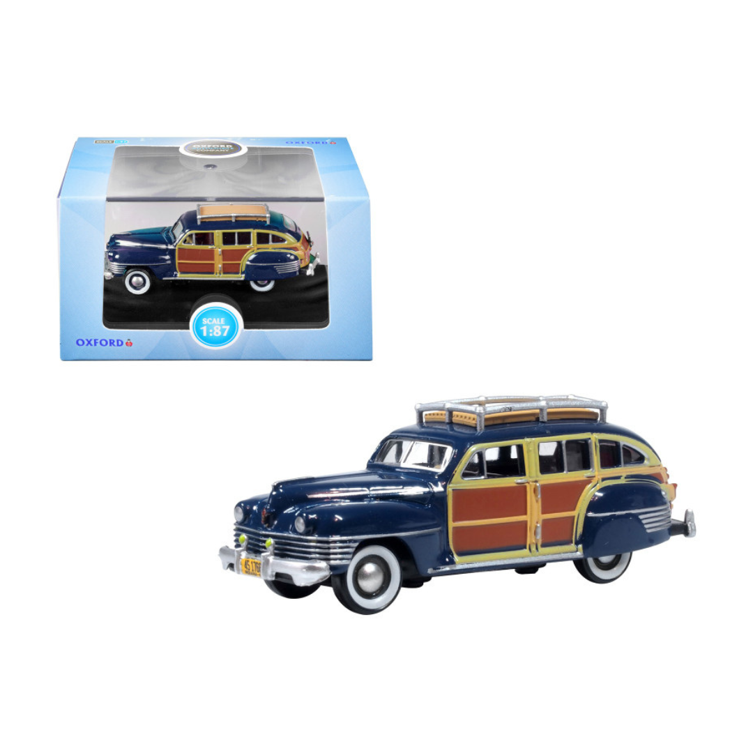 1942 Chrysler Town & Country Woody Wagon South Sea Blue with Wood Panels and Roof Rack 1/87 (HO) Scale Diecast Model Car by Oxford Diecast