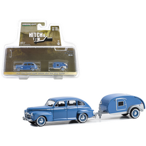 1942 Ford Fordor Super Deluxe Florentine Blue with Tear Drop Trailer "Hitch & Tow" Series 30 1/64 Diecast Model Car by Greenlight