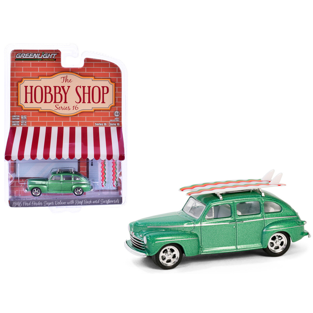 1946 Ford Fordor Super Deluxe Green Metallic with White Interior and Roof Rack with Surfboards "The Hobby Shop" Series 16 1/64 Diecast Model Car