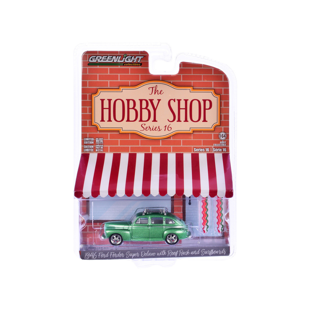 1946 Ford Fordor Super Deluxe Green Metallic with White Interior and Roof Rack with Surfboards "The Hobby Shop" Series 16 1/64 Diecast Model Car